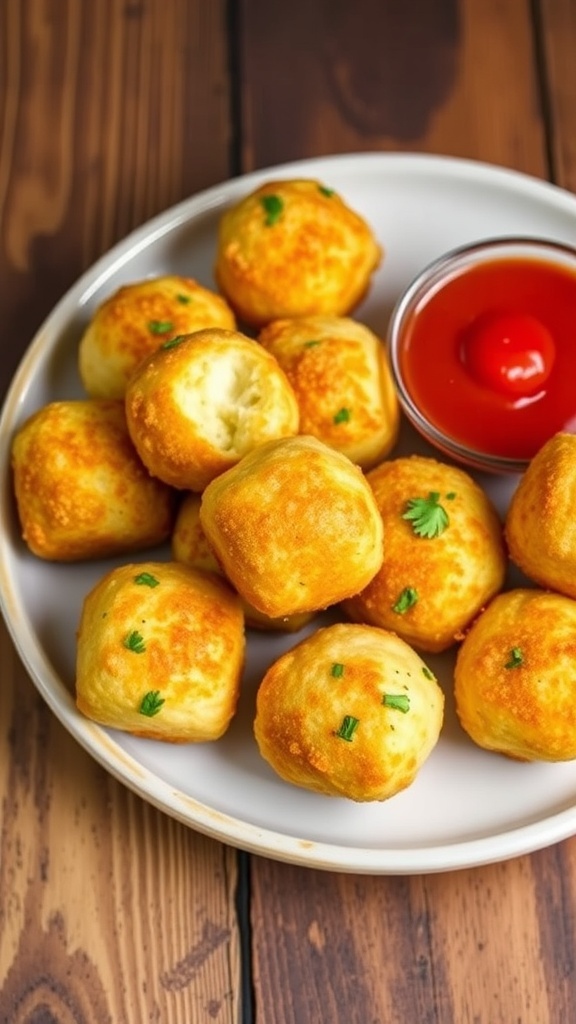 Crispy three-cheese mashed potato balls on a plate with marinara sauce for dipping.